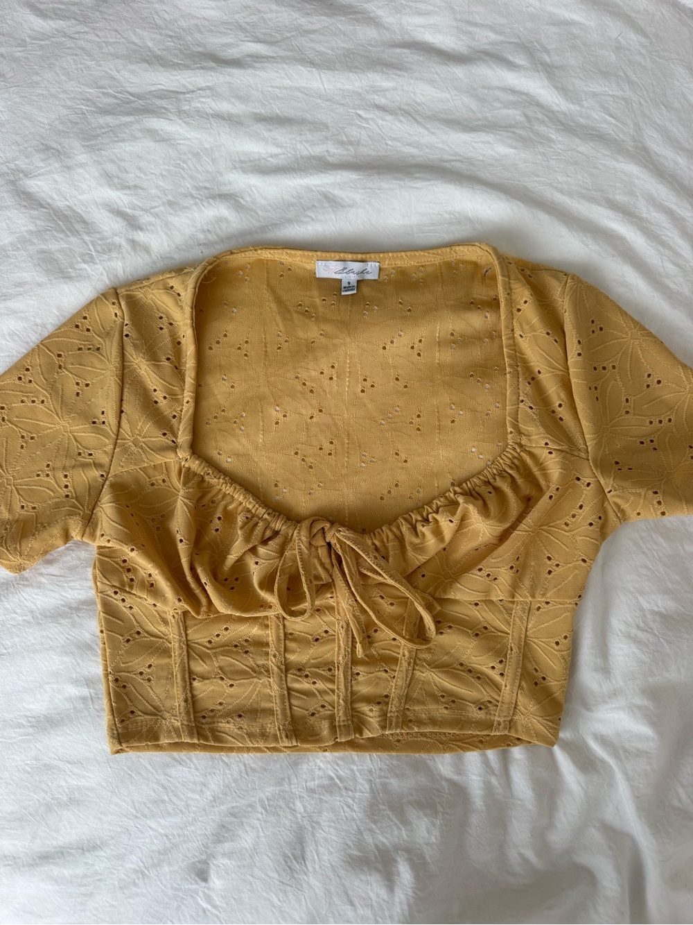 Mustard Eyelet Tie-Front Cropped Top - Women